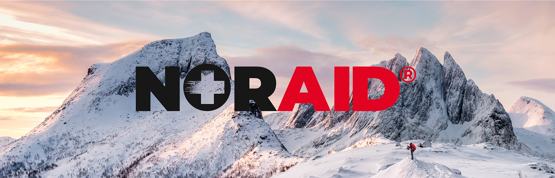 NorAid-logo på en bakgrunn med fjell og himmel